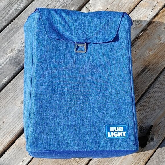 LARGE BUD LIGHT Cooler Backpack Denim Look Bottle Opener - Picture 1 of 5